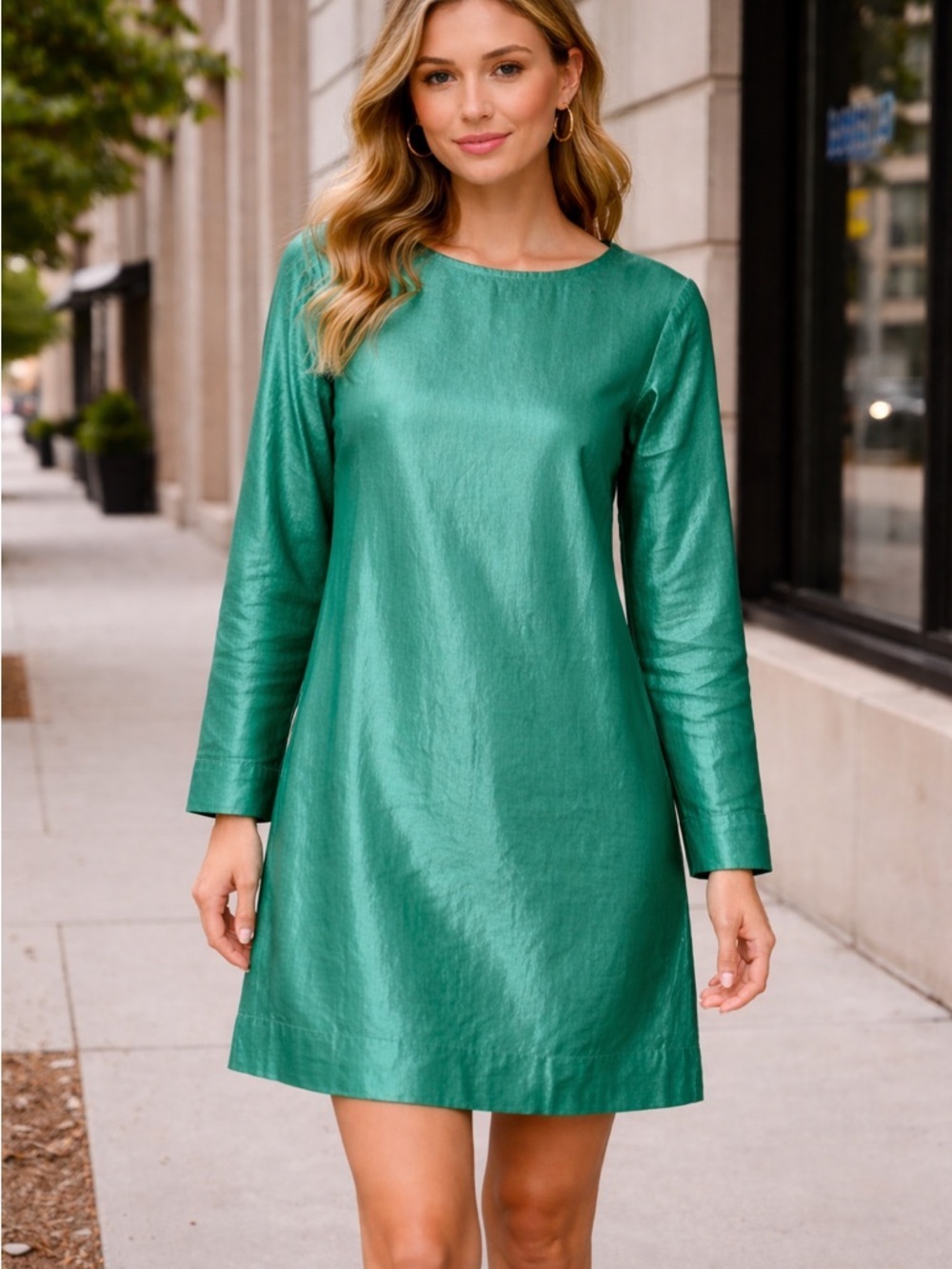 Del Villar green a-line shift dress in silk and linen blend - Picture 7 of 8
